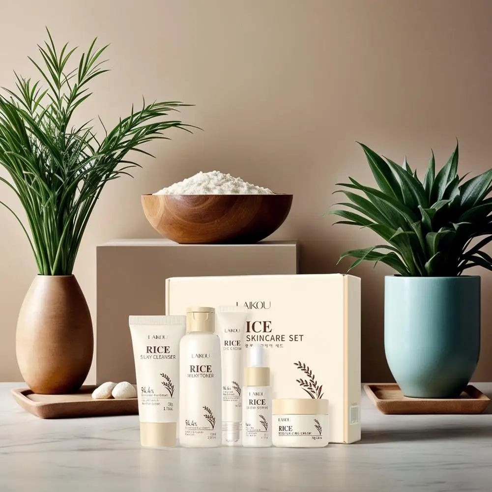 LAIKOU Set Soin Visage Riz Anti-Âge - Crème Yeux Nettoyant Essence Tonique Raffermissant Hydratant Complet