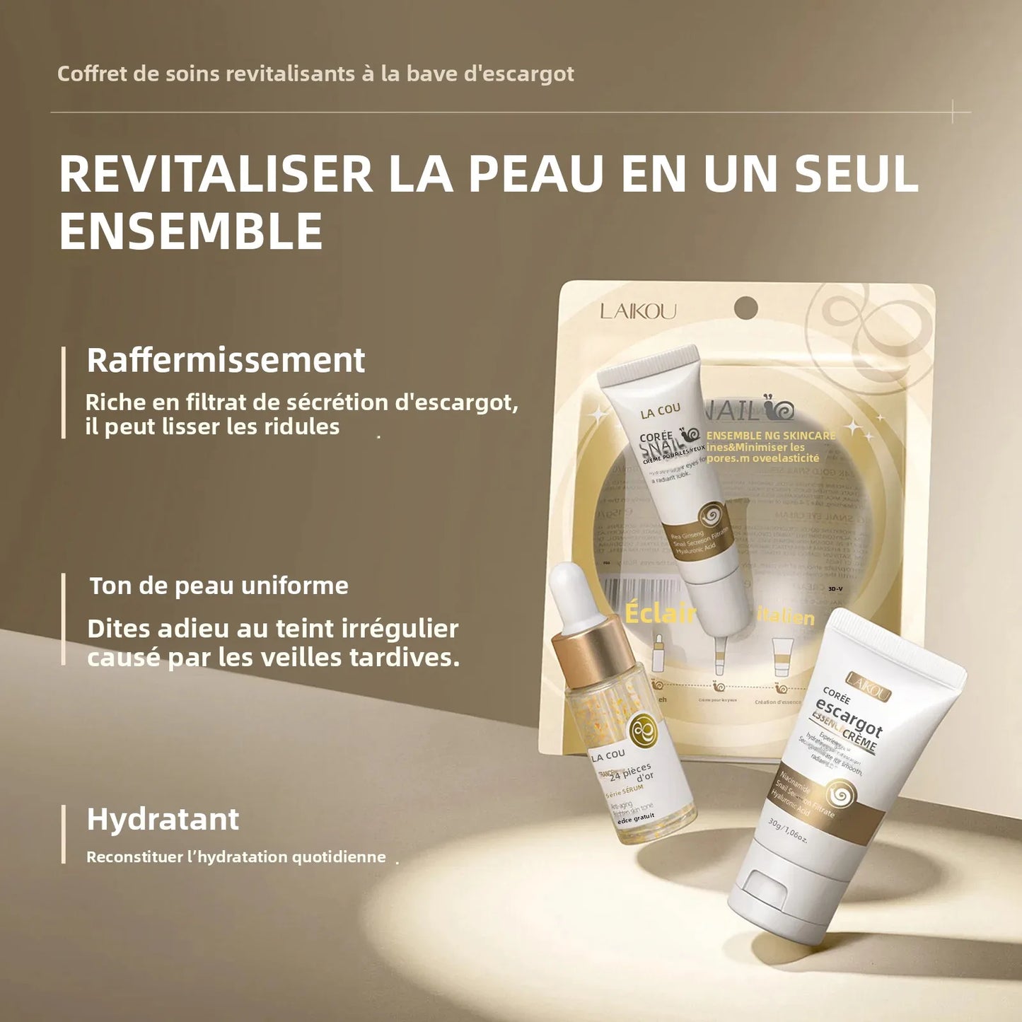 Set Luxe Sérum Or 24K Bave d'Escargot - Crème Yeux Essence Réparation Hydratant Anti-Rides Pores Lissant Soin Visage