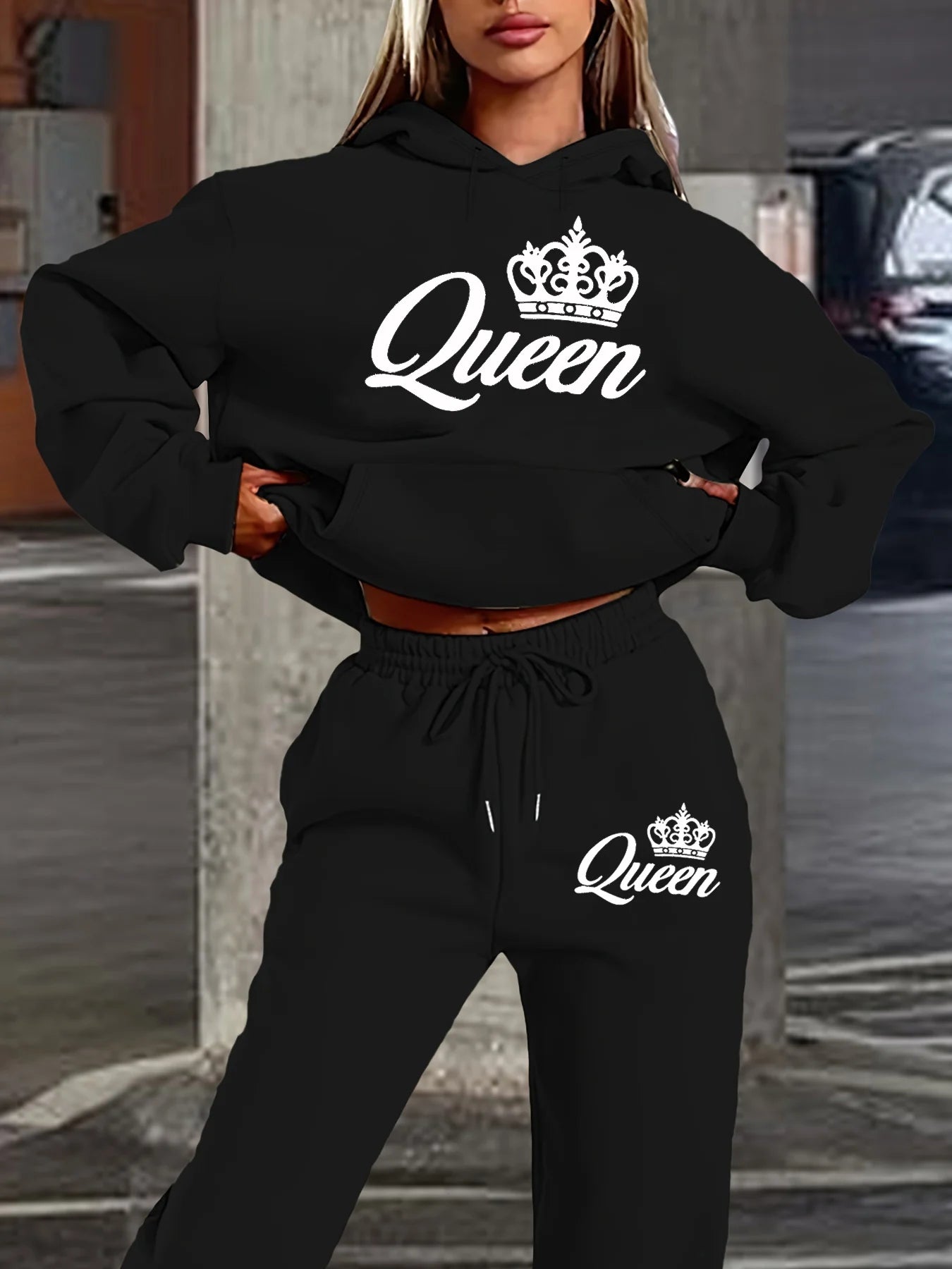 Ensemble Jogging Femme Hip-Hop Queen - Sweat Capuche + Pantalon Sport, Imprimé Lettres Streetwear Automne Hiver
