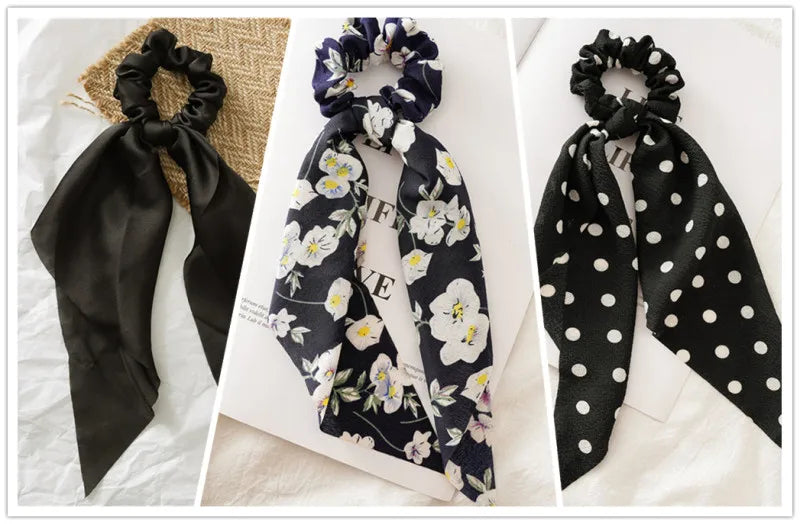 Lot 3pcs Chouchous Cheveux Long Ruban Noué Femme Fille - Élastiques Queue de Cheval Bandeau Accessoires Mode