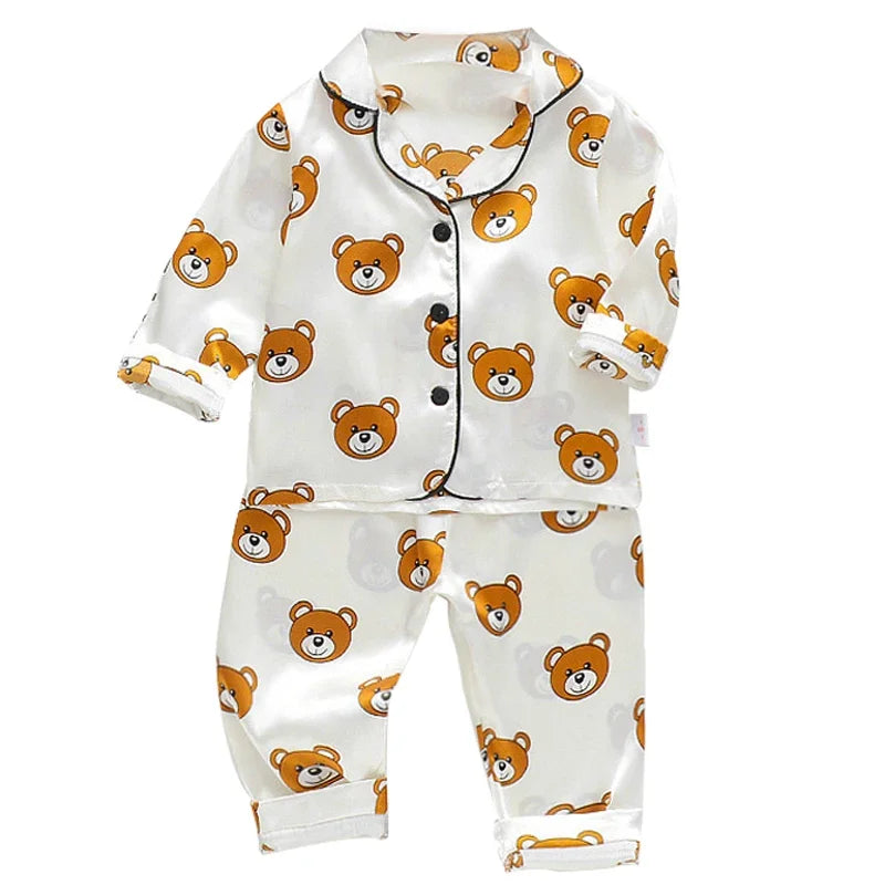 Kids Cartoon Bear Pajama Set - Ice Silk Satin Summer Sleepwear