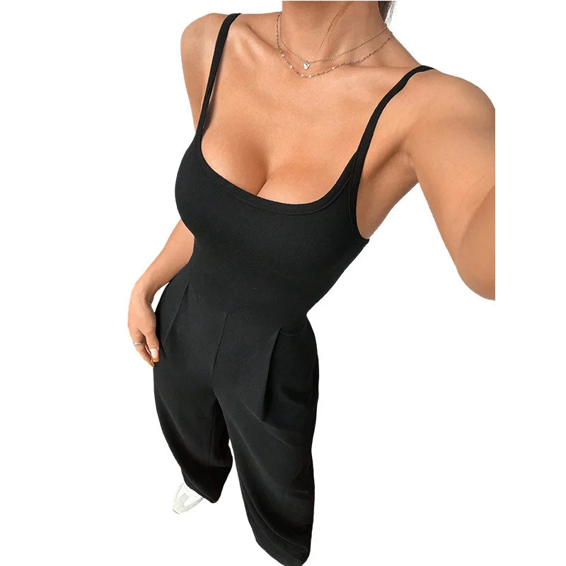 Combinaison Femme Casual Bretelles Dos Nu - Couleur Unie Sans Manches Loose Jambes Larges Simple Style