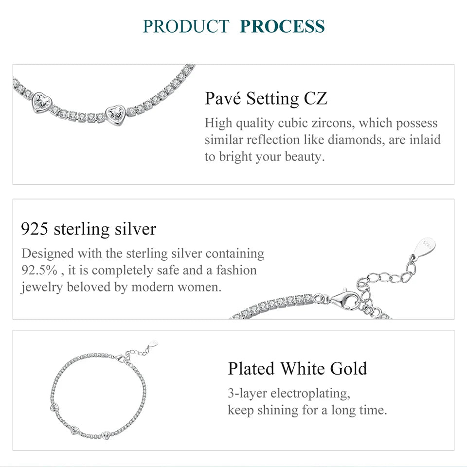 Bracelet Argent 925 Cœur Élégant Femme - Tennis Bracelet Zircon AAAAA+ Ajustable Cadeau