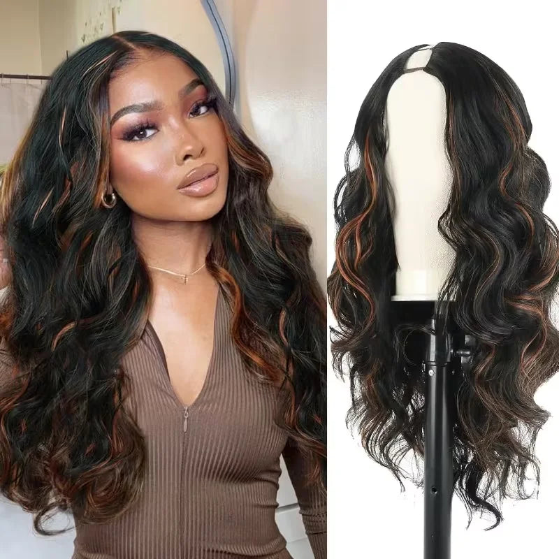 Perruque V Part Body Wave 1B/30 Highlight - Cheveux Humains 220% Densité - Clip Sans Couture