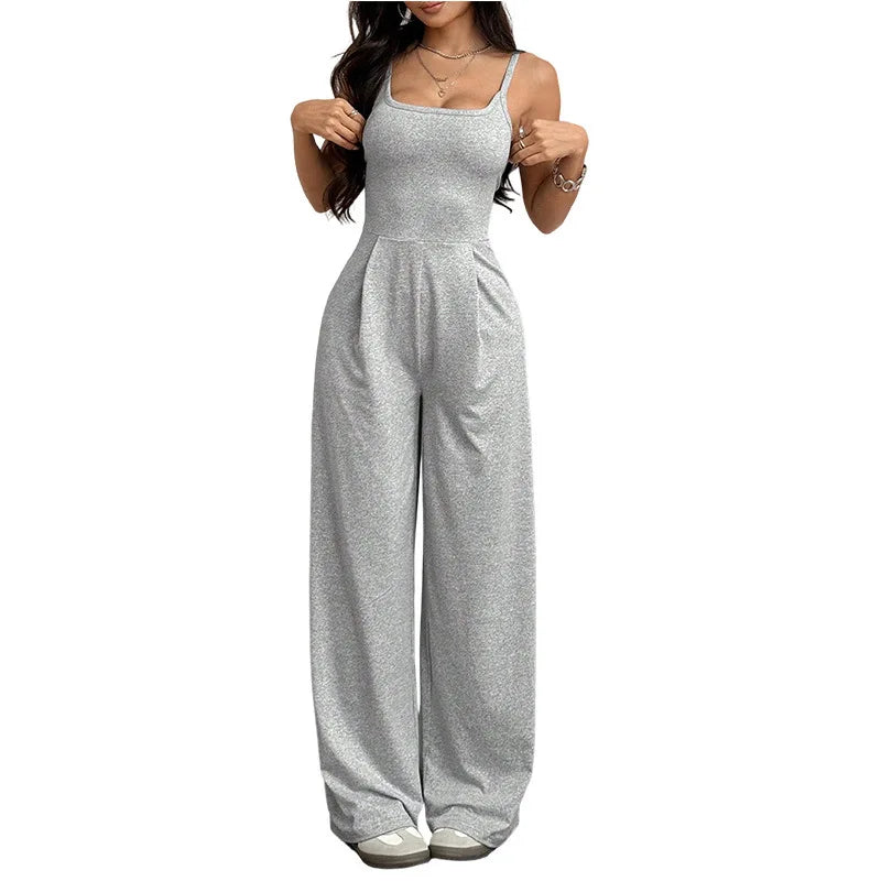 Combinaison Femme Casual Bretelles Dos Nu - Couleur Unie Sans Manches Loose Jambes Larges Simple Style