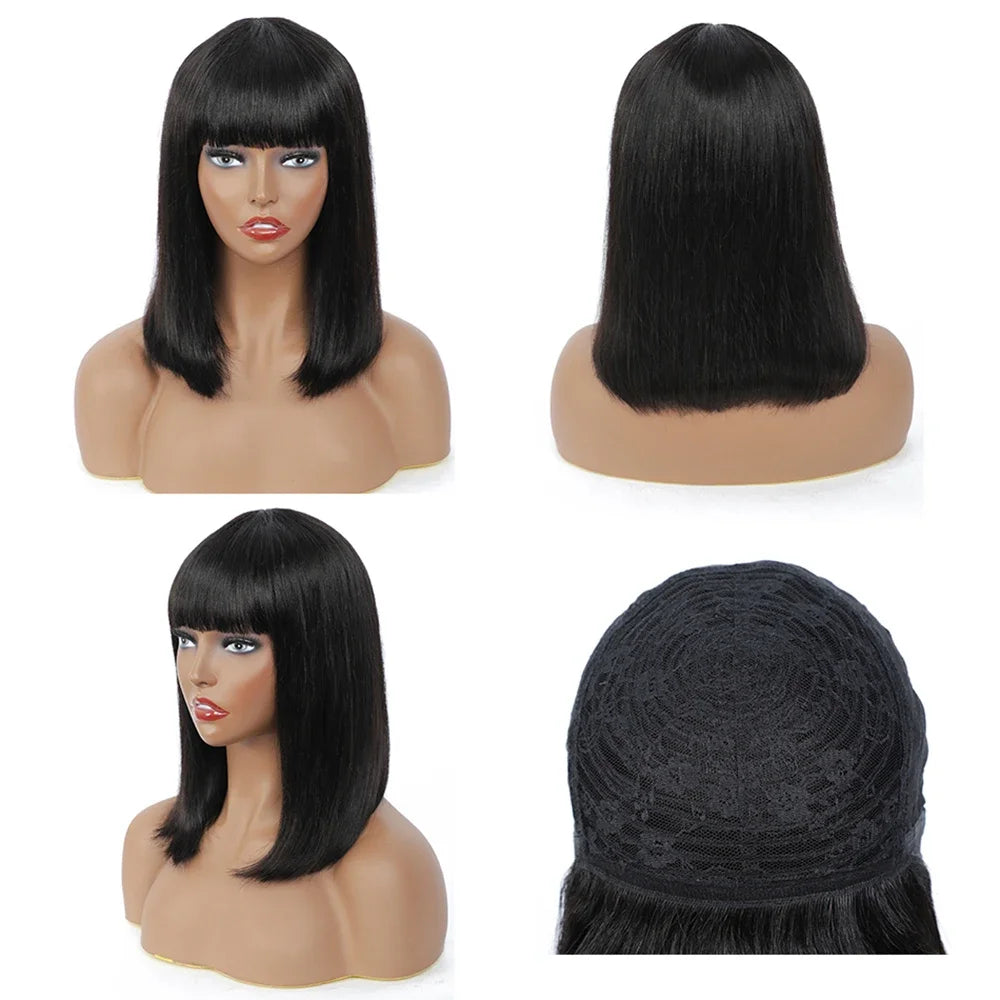 Perruque Cheveux Humains Péruviens Bob Lisse Frange - Sans Lace Naturelle Courte Femme Noire