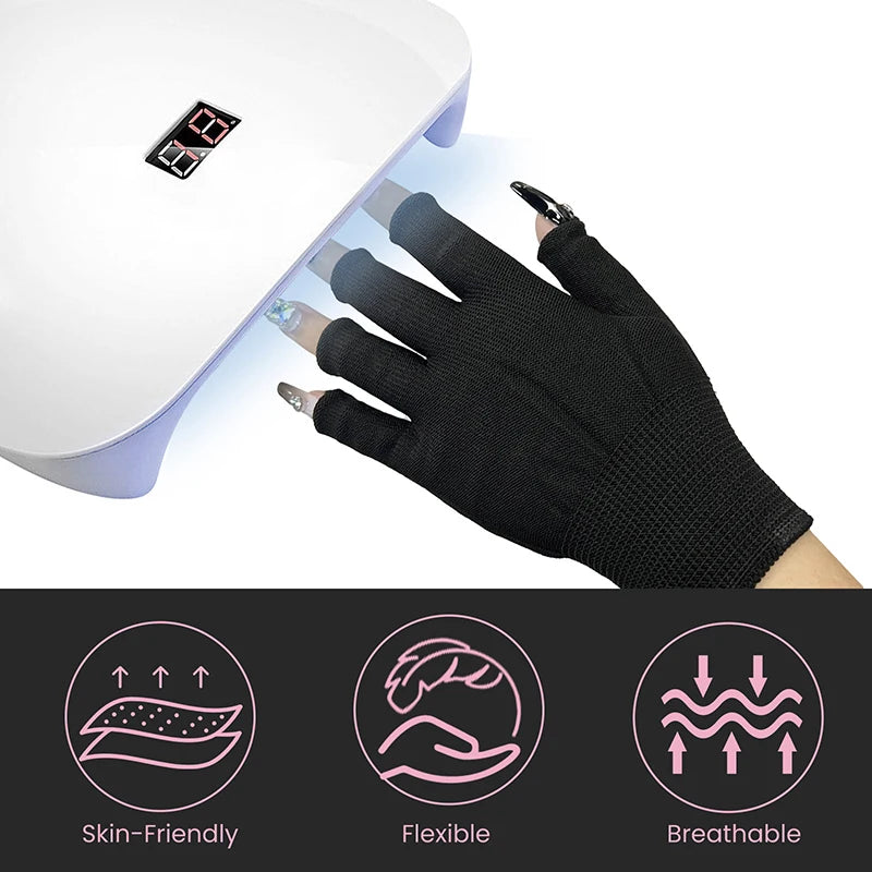 Paire Gants UV Nail Art Noirs Fins Anti-UV - Protection Gel Shield Sans Doigts Manucure Outils Lampe LED Séchoir Ongles