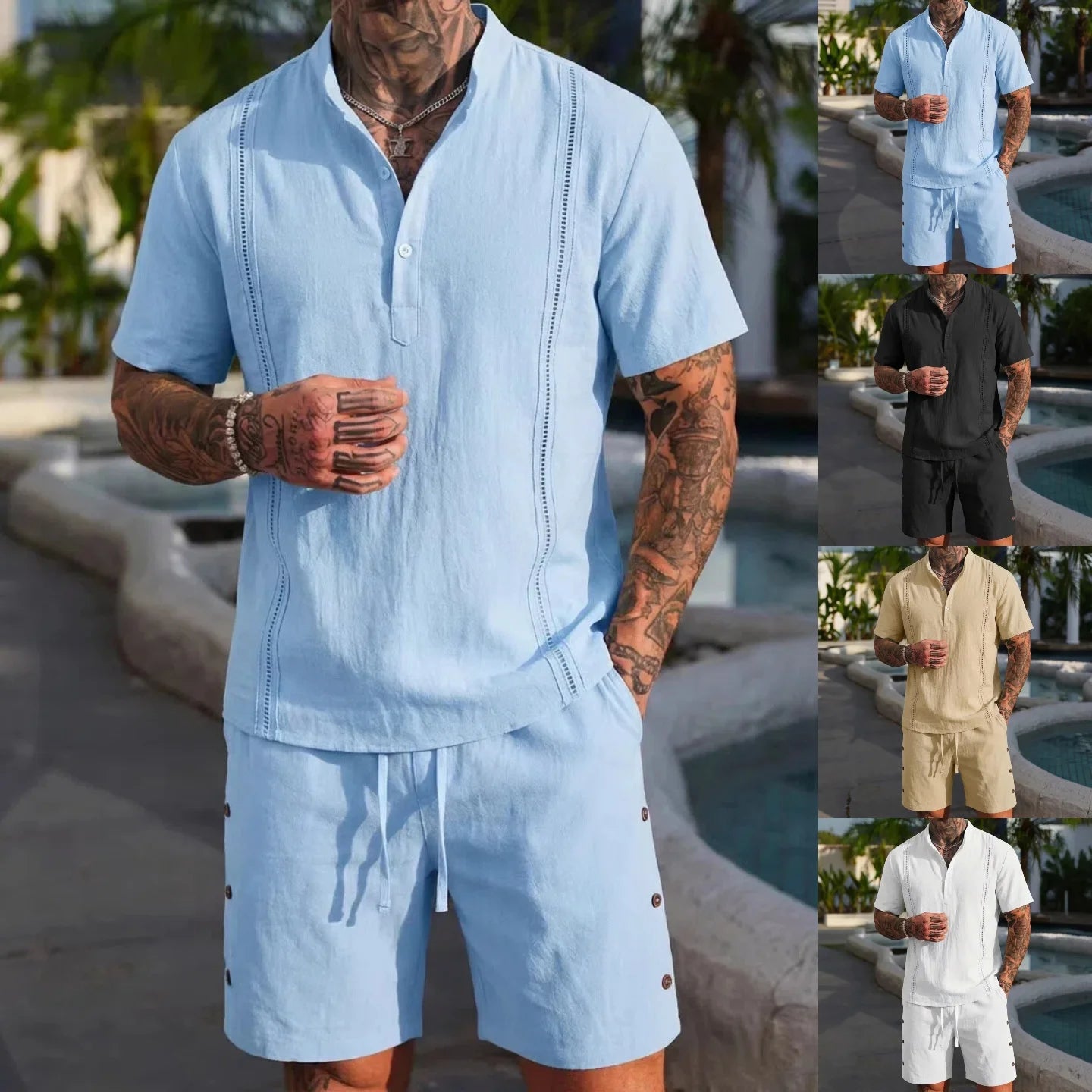 Ensemble Homme 2 Pièces Coton Lin - Chemise Manches Courtes Respirante & Short Casual Été