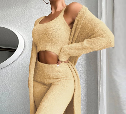 Ensemble 3 Pièces Tricot Femme - Crop Top, Cardigan Long & Pantalon Taille Haute