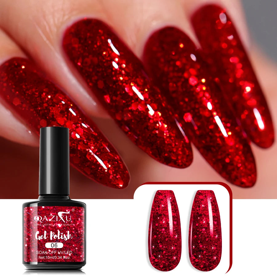 Vernis Gel Rouge Paillettes 10ml - Semi-Permanent UV LED Soak Off Nail Art Salon Maison Hiver