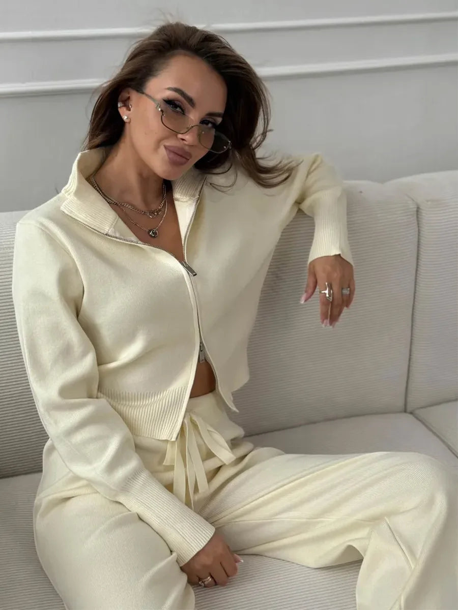 Ensemble Femme 2 Pièces Maille - Cardigan Zippé Court & Pantalon Large Taille Élastique Automne-Hiver
