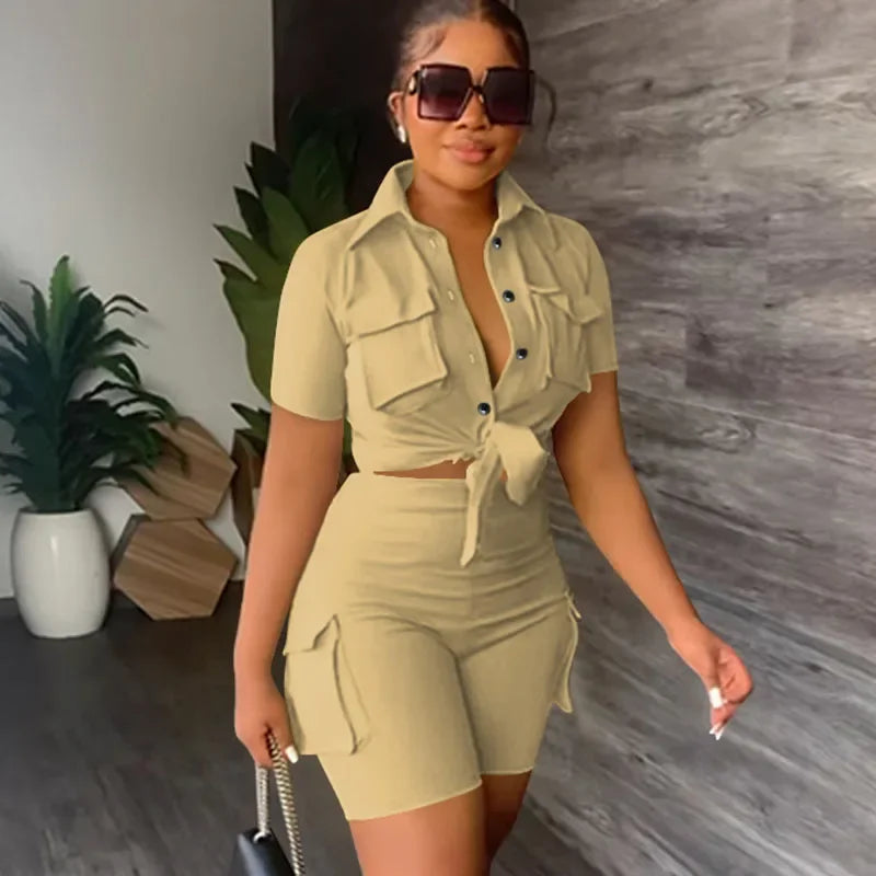 Ensemble Femme 2 Pièces Streetwear - Chemise Manches Courtes à Boutons & Short Poches Été