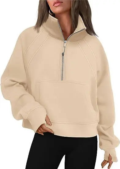Sweat Femme Col Montant Demi-Zip - Hoodie Poche Manches Longues Loose Sportswear Streetwear Printemps Automne
