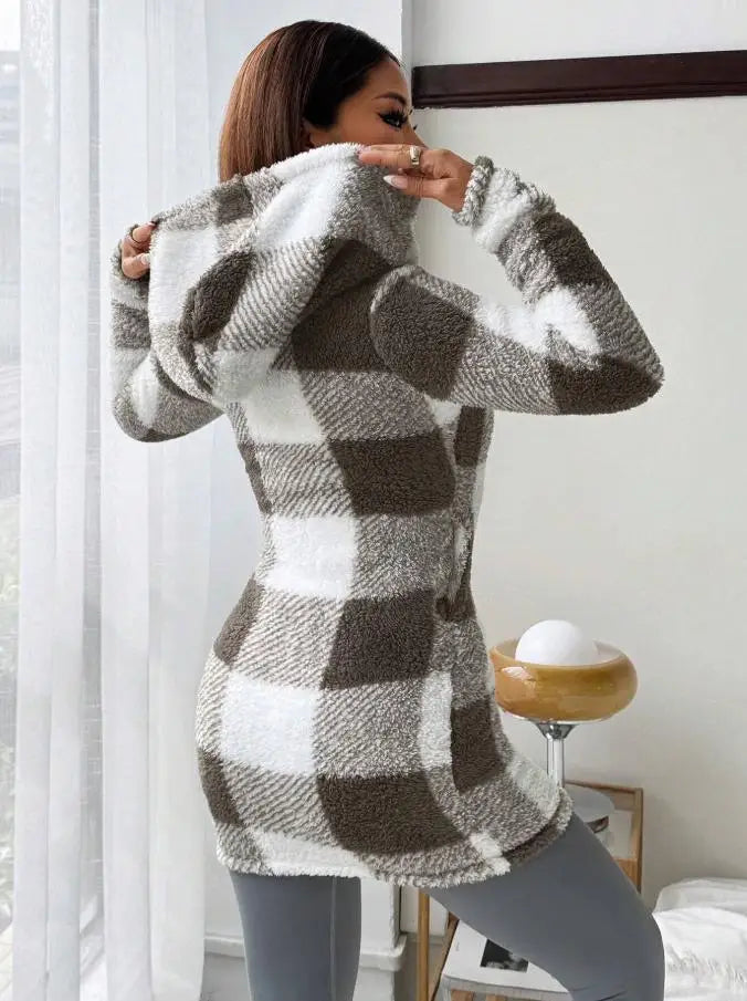 Manteau Femme Hiver Chaud Peluche - Carreaux Capuche Long Zip Cardigan