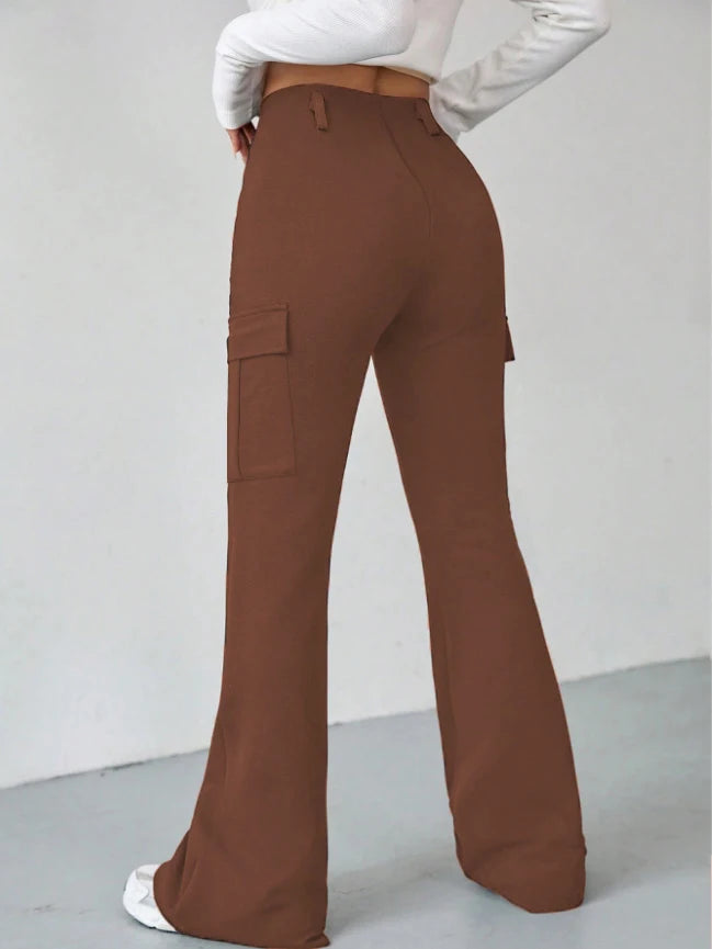 Pantalon Femme Taille Haute Doublé Polaire - Flare Automne Hiver Poches Zippées