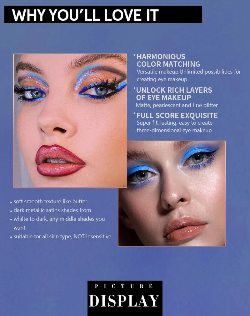 Palette Fard à Paupières Bleu Luxe 9 Couleurs - Mat Velours et Paillettes Waterproof Smoky Eyes Longue Tenue