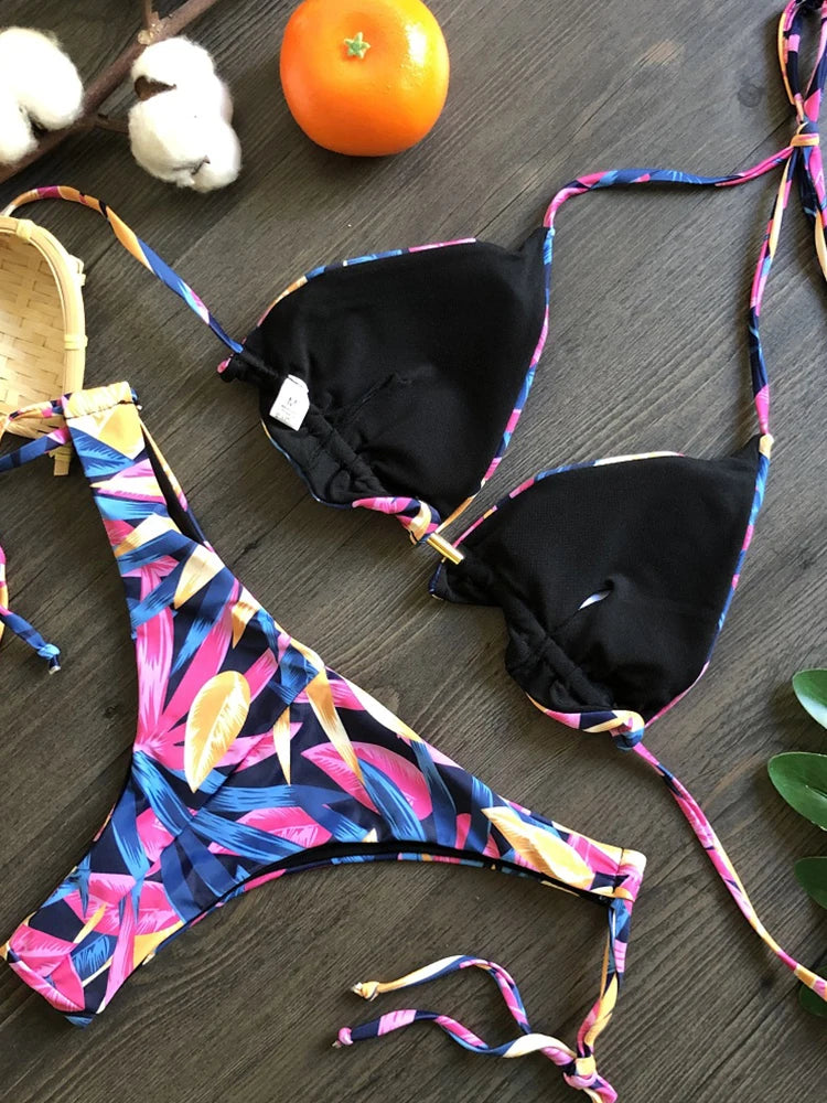 Bikini Femme Micro Brésilien - Imprimé Plumes & Bandage Sexy