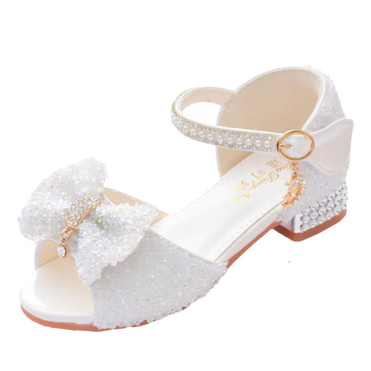 Sandales Fille Été 2025 Nœud Cristal - Chaussures Talons Princesse Blanches Mariage Cérémonie