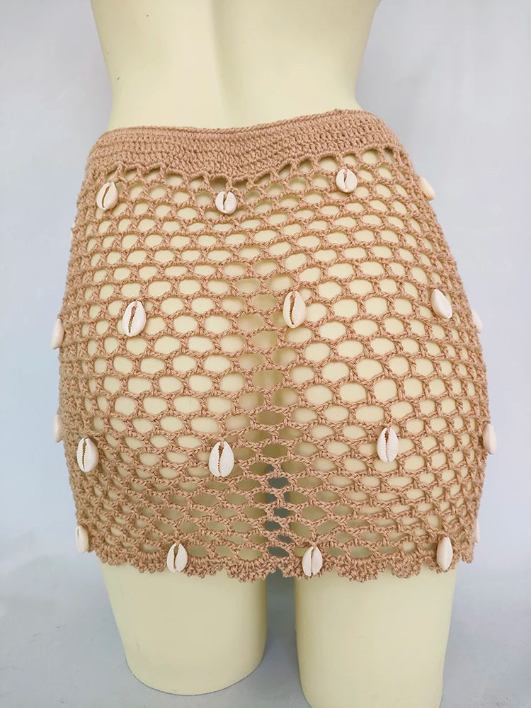 Ensemble Bikini 4 Pièces Crochet avec Coquillages - Top à Franges, Sexy,Taille Haute et Jupe