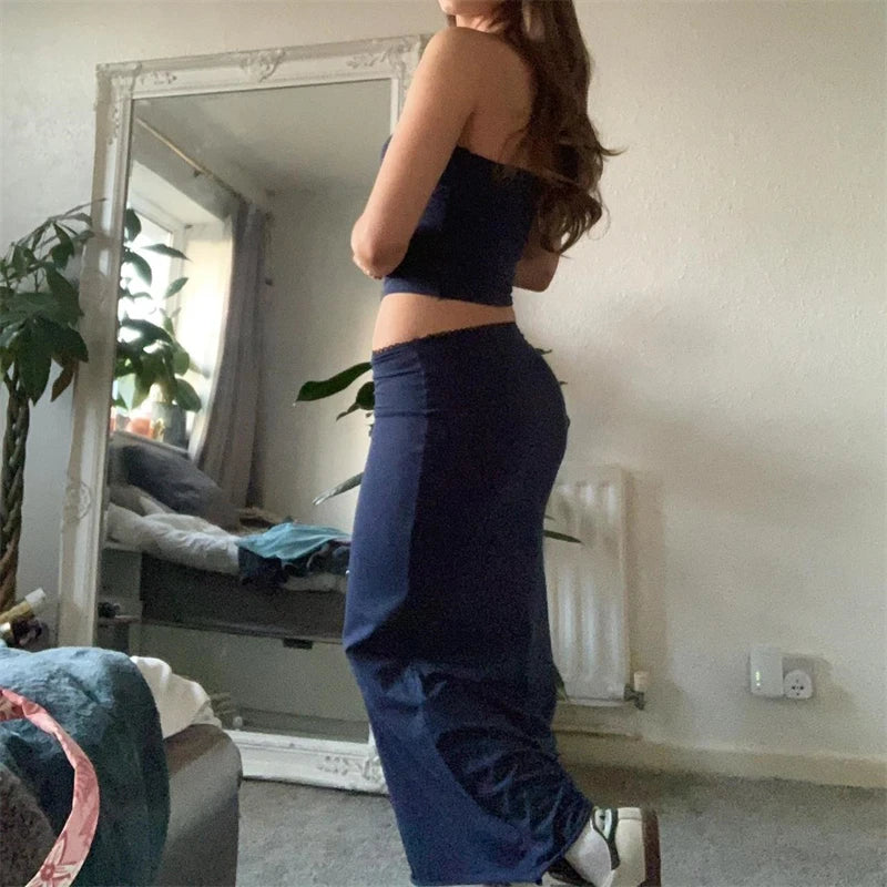 Ensemble 2 Pièces Femme Vintage Y2K - Crop Top Bretelles Jupe Longue Maxi Midi Plage
