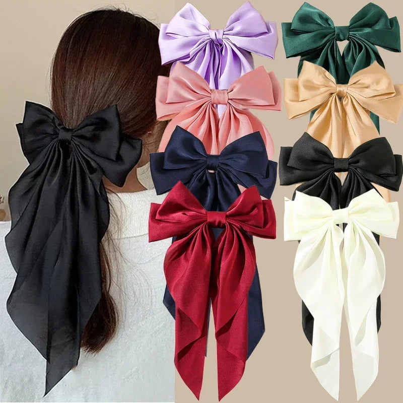 Barrette Cheveux Nœud Satin Coréen Femme Fille - Pince Ressort Grand Nœud Long Ruban Accessoires Mode Élégants