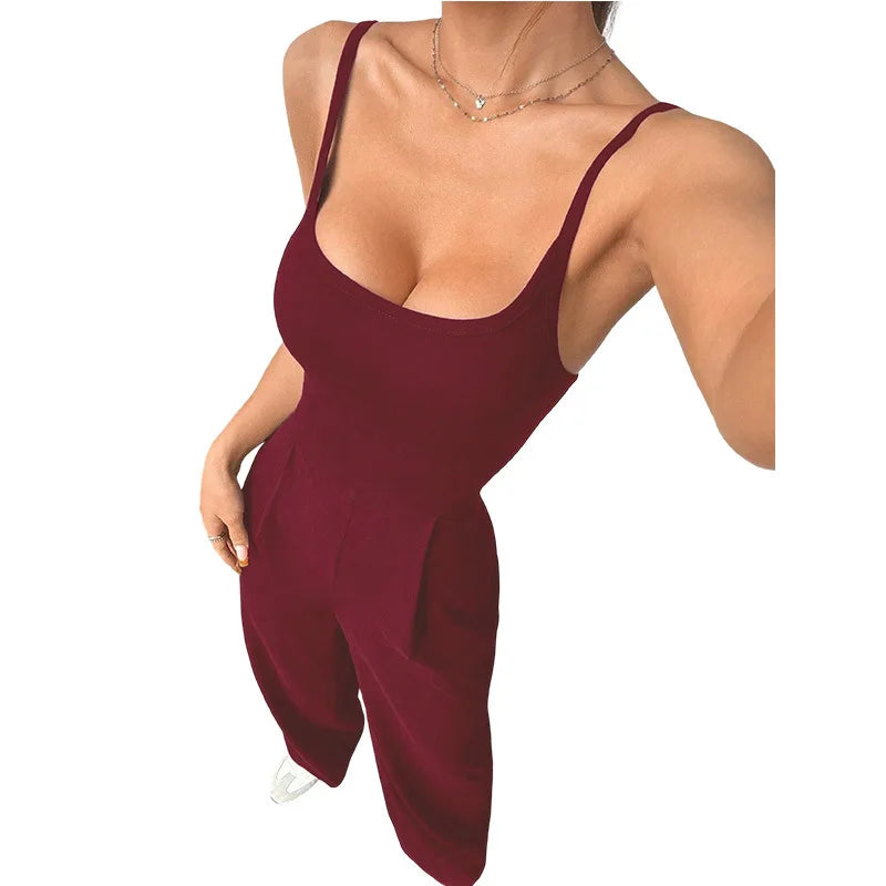Combinaison Femme Casual Bretelles Dos Nu - Couleur Unie Sans Manches Loose Jambes Larges Simple Style
