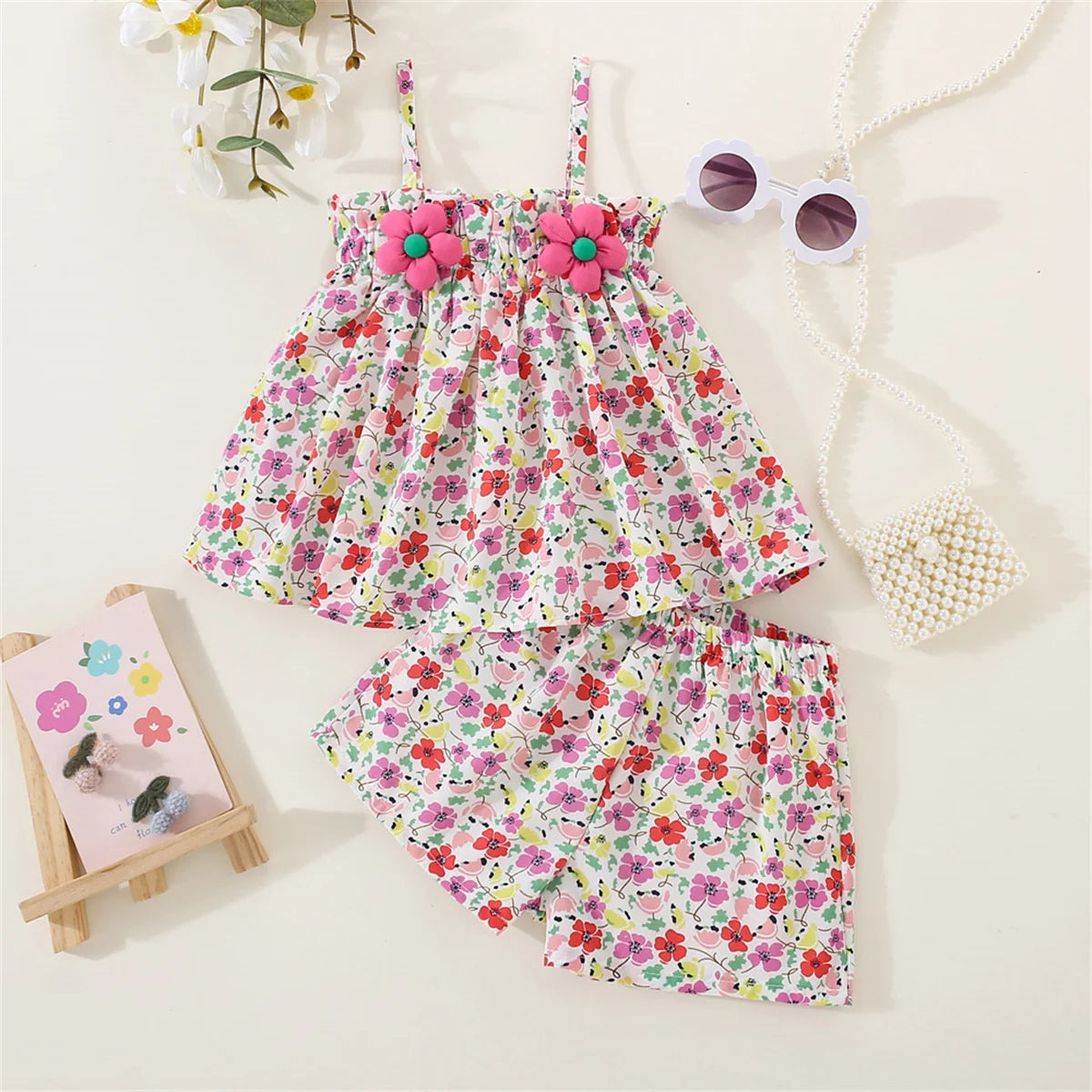 Ensemble 2 pièces bébé fille été - Top bretelles fleurs + Short mousseline