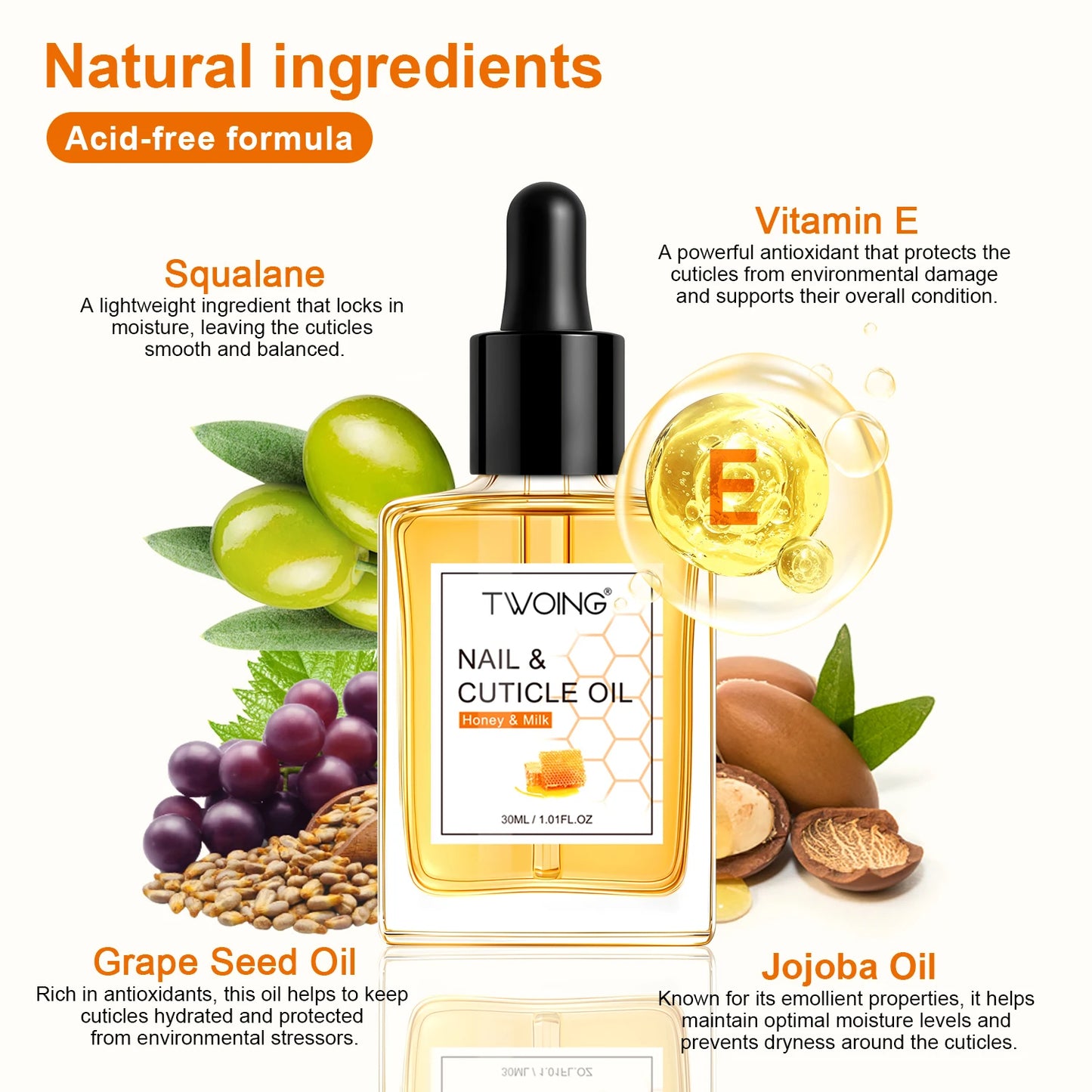 Huile Cuticules TWOING Miel Lait 30ml -Hydratante Ongles Peau Sèche Nutrition Soin