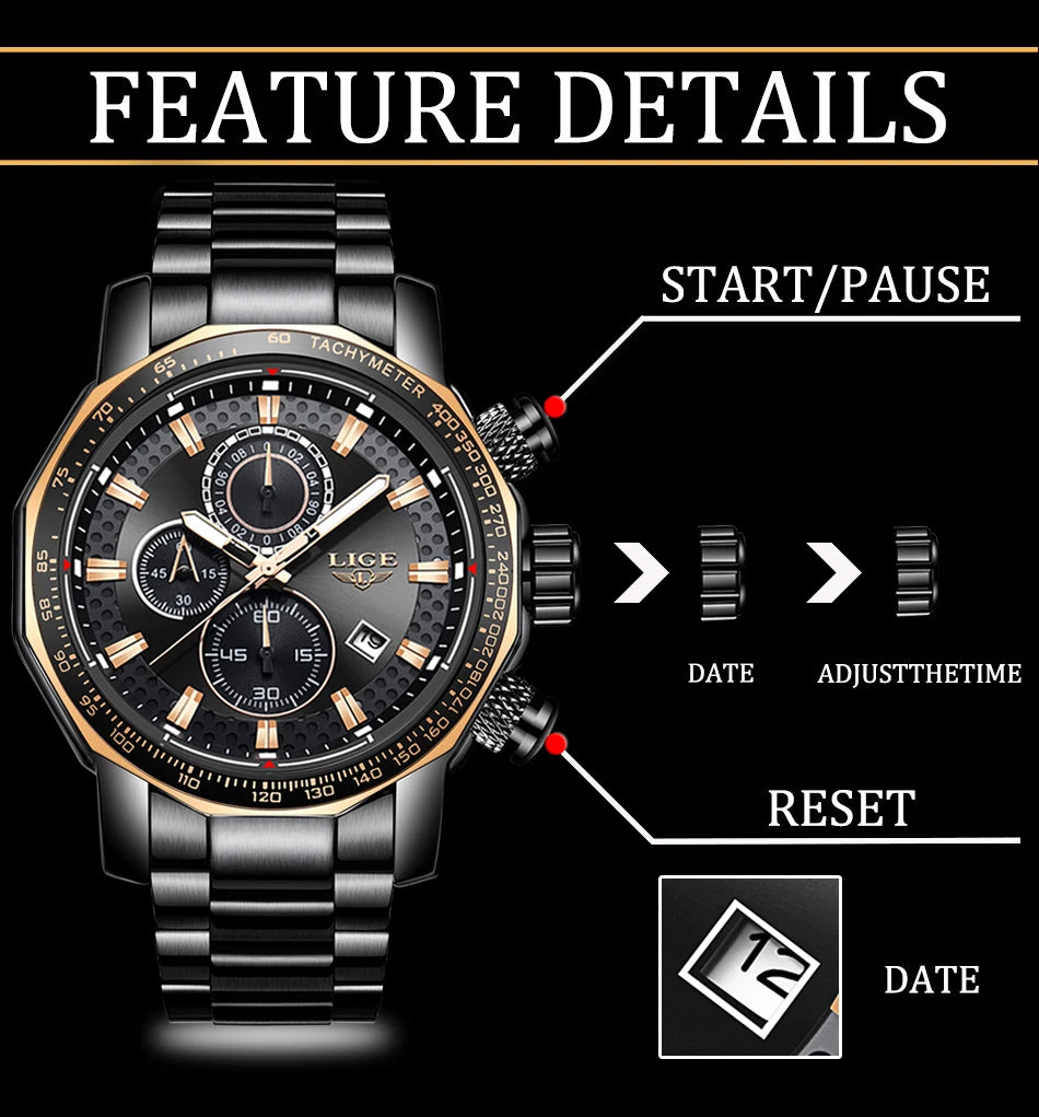 Montre Sport Homme LIGE Chronographe Or Noir - Acier Waterproof Luxury