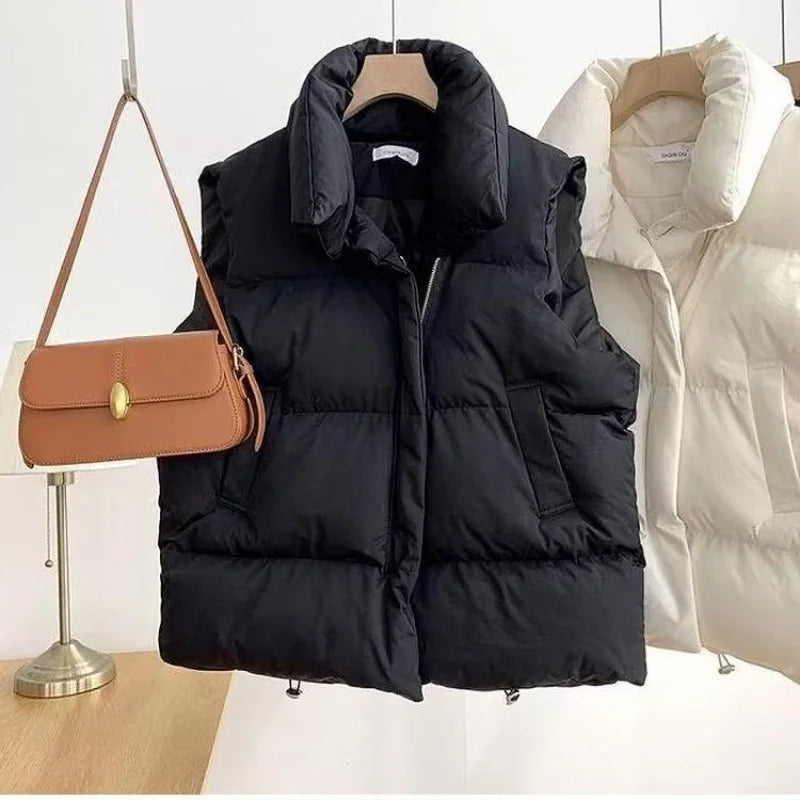 Gilet Femme Hiver Chaud Rembourré - Sans Manches Zip Fashion Loose Col Montant Couleur Unie Manteau