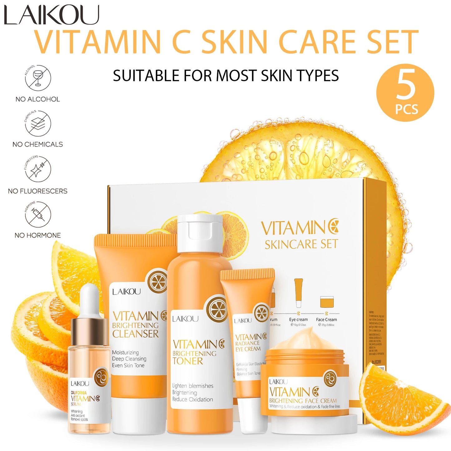 Set Soin Visage Vitamine C 5pcs - Nettoyant Tonique Sérum Yeux Crème Antioxydant Naturel Unifie Teint