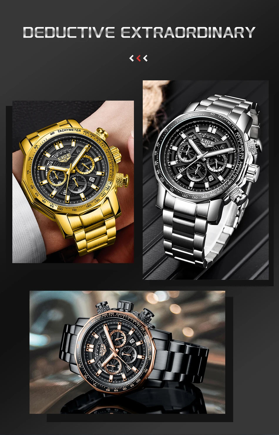 Montre Sport Homme LIGE Chronographe - Acier Inoxydable Waterproof Luxury