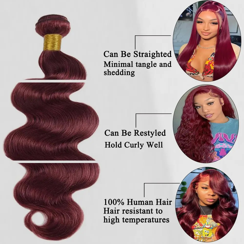 Mèches Cheveux Humains Péruviens Bordeaux 99J - Extensions Tissage Double Trame Qualité 12A