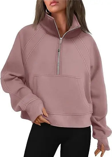 Sweat Femme Col Montant Demi-Zip - Hoodie Poche Manches Longues Loose Sportswear Streetwear Printemps Automne