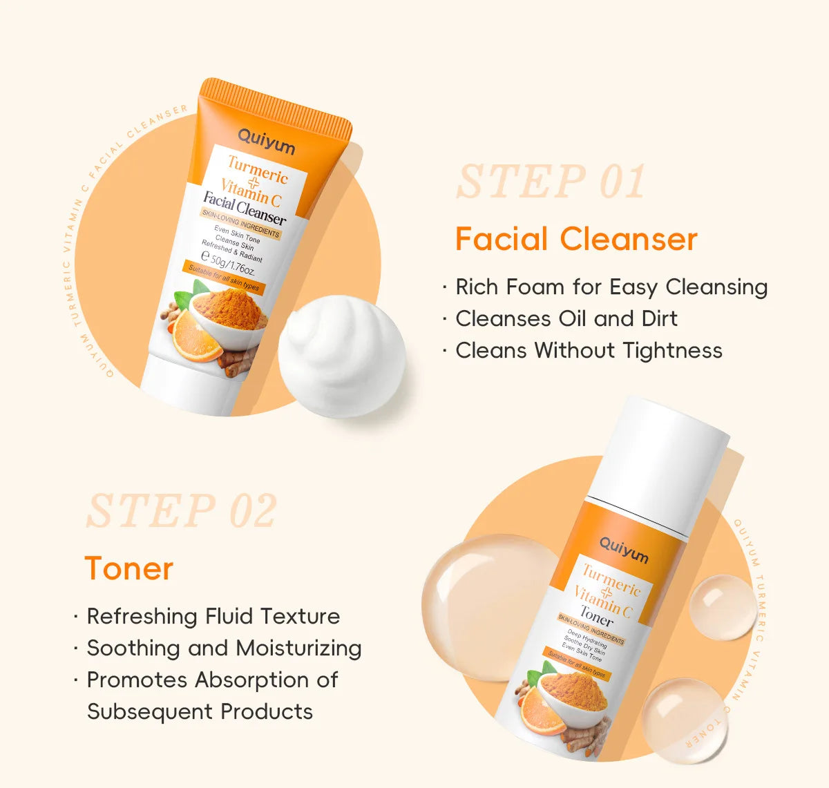 Kit Soin Visage Curcuma LAIKOU 5 Pièces - Nettoyant Tonique Sérum Crème Yeux Hydratant Anti-Âge