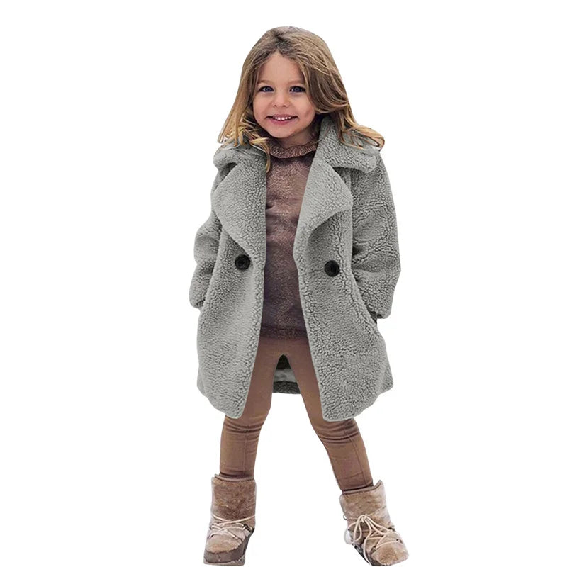 Veste Laine d'Agneau Enfant - Manteau Chaud Hiver Polaire - Boutons Simple Rangée 2-14 Ans
