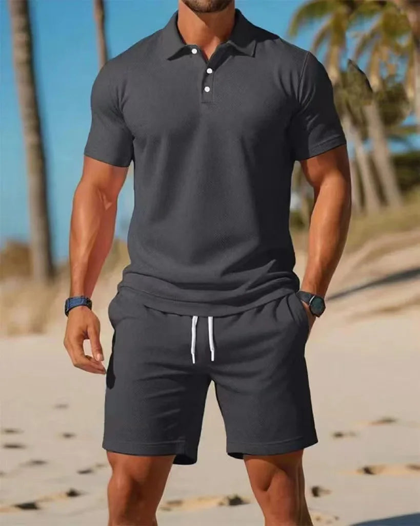 Ensemble Homme 2 Pièces Grande Taille - Polo Manches Courtes à Boutons & Short Mesh Respirant Été Casual