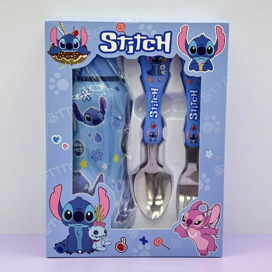 Set Vaisselle Enfant Disney Stitch 3 Pièces - Gourde Cuillère Fourchette Cartoon Portable Outdoor Cadeau