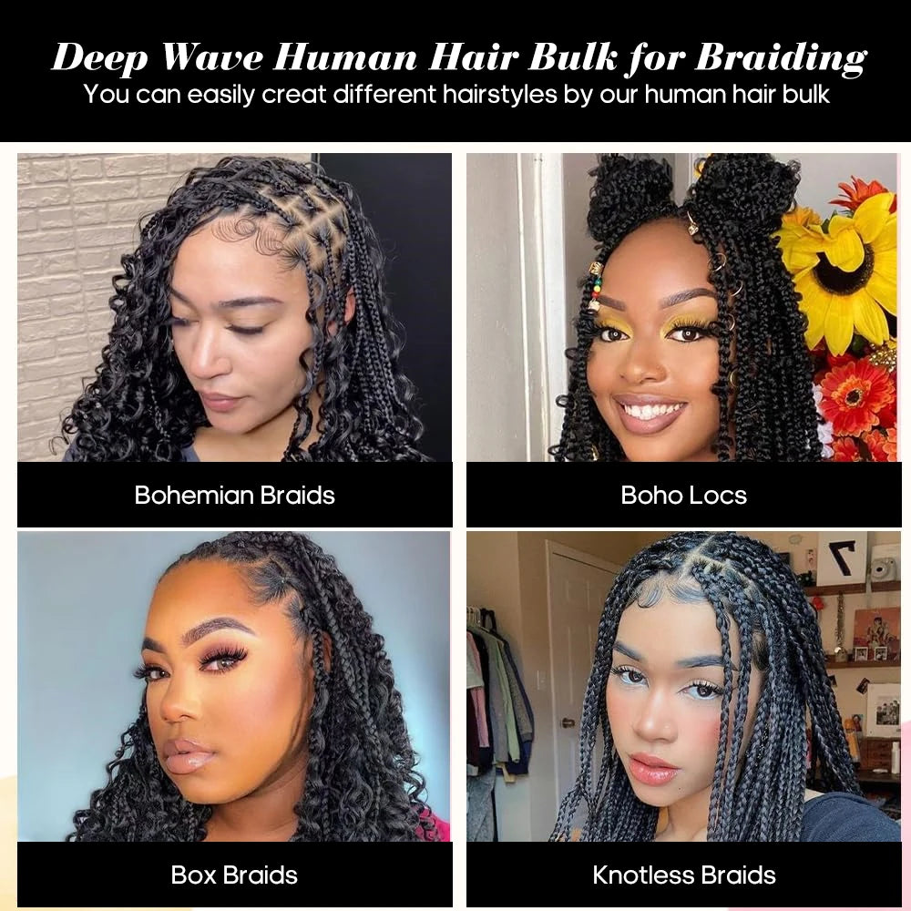 2 Bundles Mèches Cheveux Humains Tressage Boho Braids - 14 Pouces 100g Brésiliens Deep Wave Vrac
