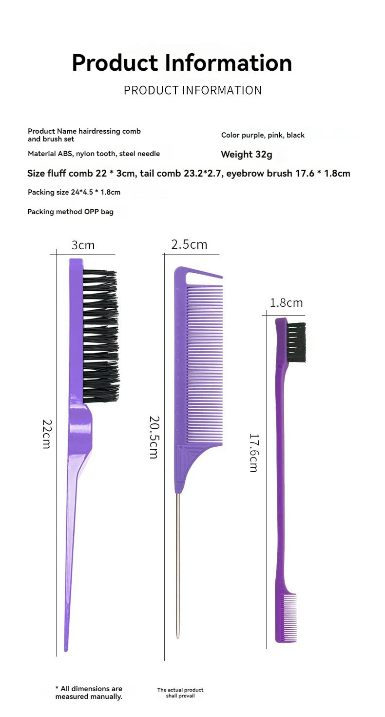 Set de 3 Brosses à Cheveux Professionnel - Peigne Queue Pointue et Brosse à Sourcils