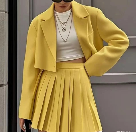 Ensemble Femme 2 Pièces Blazer Chic - Veste Courte Crop & Jupe Mini Plissée Streetwear