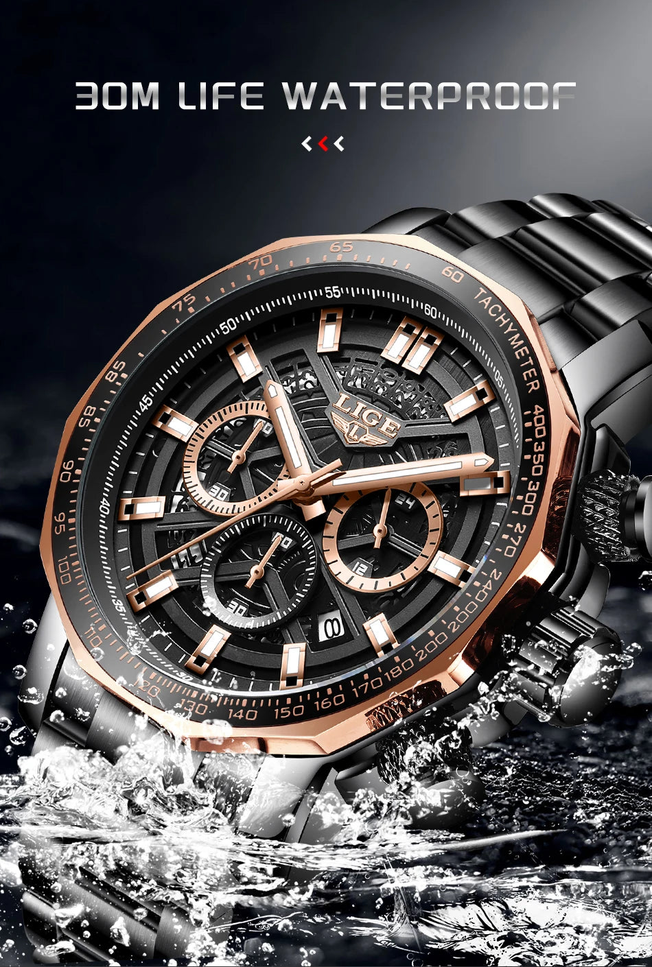 Montre Sport Homme LIGE Chronographe - Acier Inoxydable Waterproof Luxury