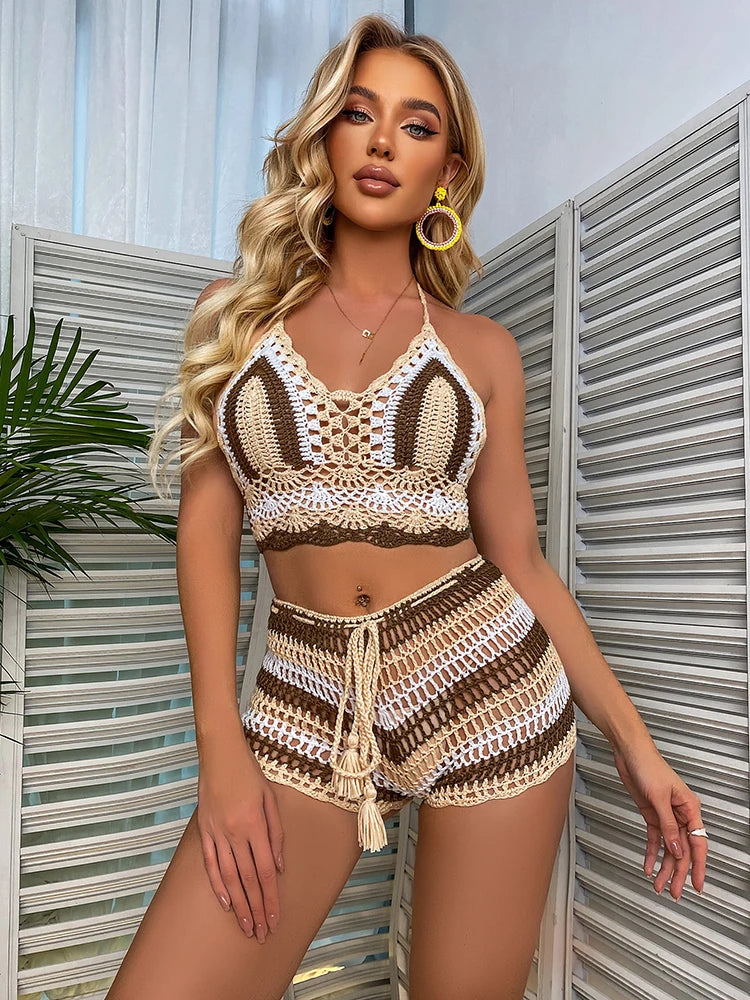 Ensemble Bikini Crochet Rayé Arc-en-Ciel - Top Épaules Dénudées et Bas Assorti Multicolore pour Plage