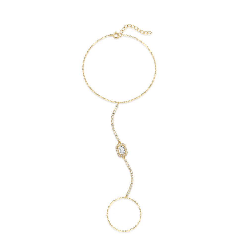 Bracelet Bague Argent 925 Cœur Pétale Zircon - Chaîne Main Femme Minimaliste Scintillant