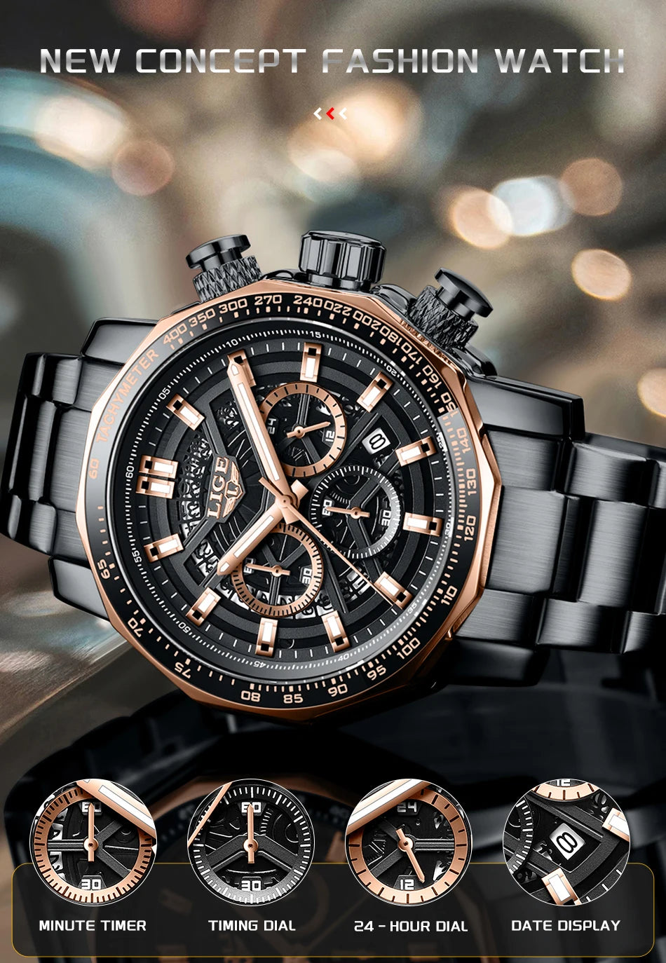 Montre Sport Homme LIGE Chronographe - Acier Inoxydable Waterproof Luxury