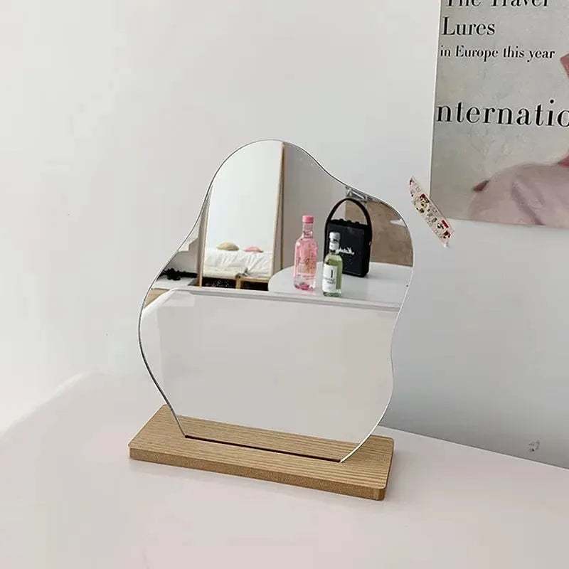 Miroir Décoratif Acrylique Base Bois - Minimaliste Irrégulier Maquillage Chambre Coiffeuse Beauté Cosmétiques