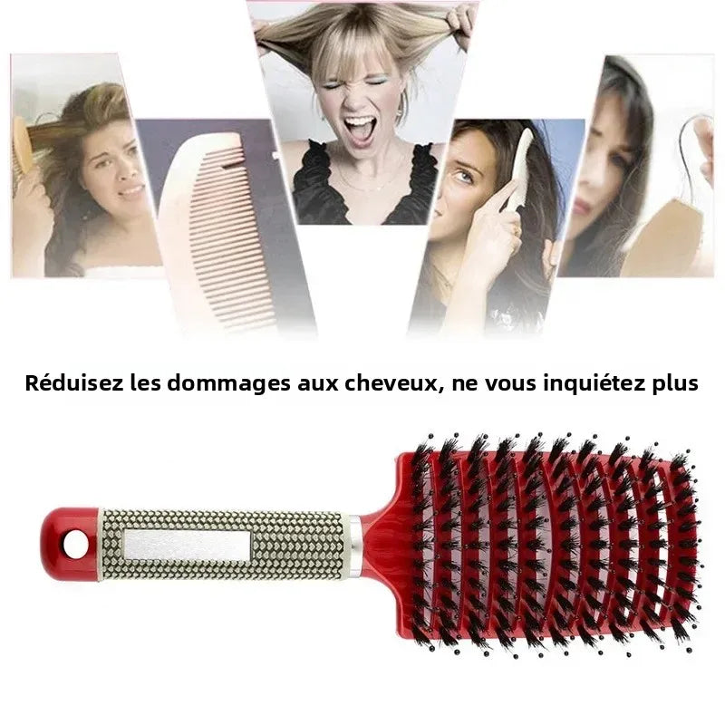 Brosse Cheveux Massage Cuir Chevelu - Poils Sanglier Nylon Femme Mouillés Bouclés Démêlage Salon Coiffure