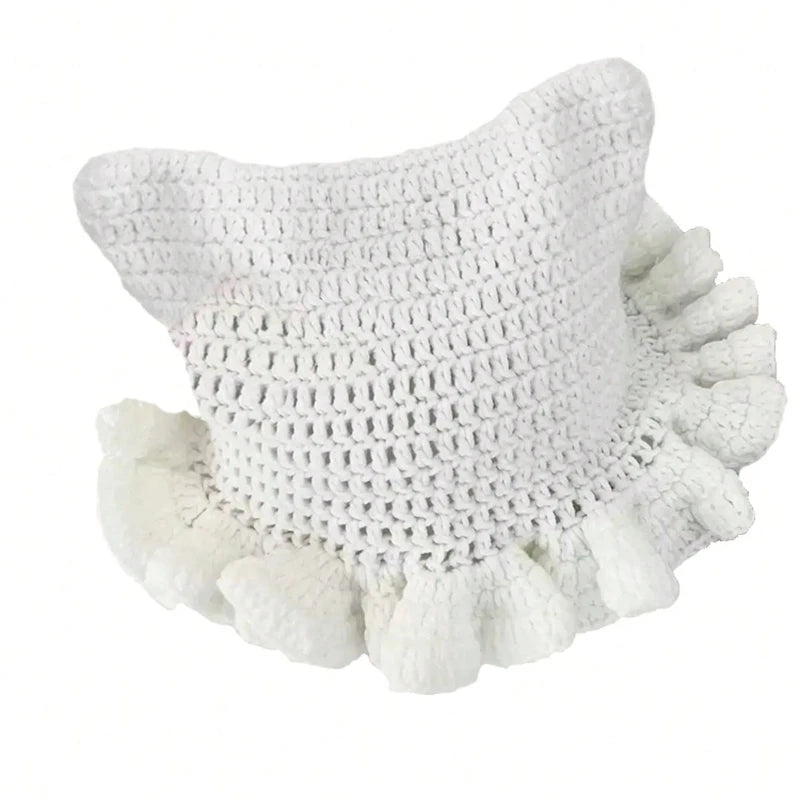 Bonnet Tricoté Main Y2K Oreilles de Chat - Chapeau Chaud avec Nœud et Bords Plissés pour Automne Hiver