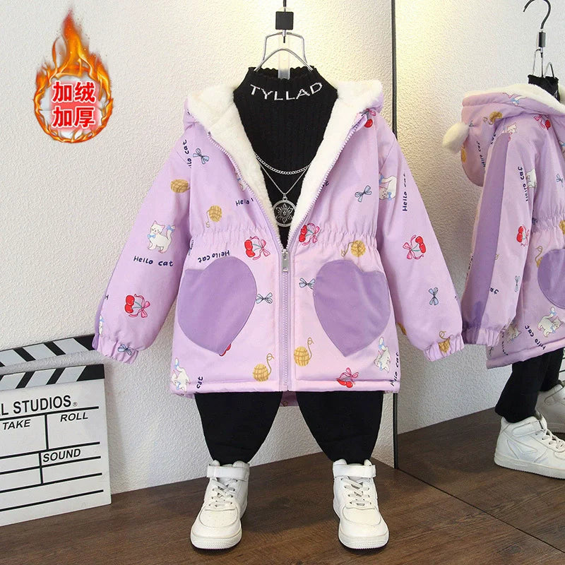 Veste Fille Hiver Doublure Polaire - Capuche Cartoon Rembourrée Chaude