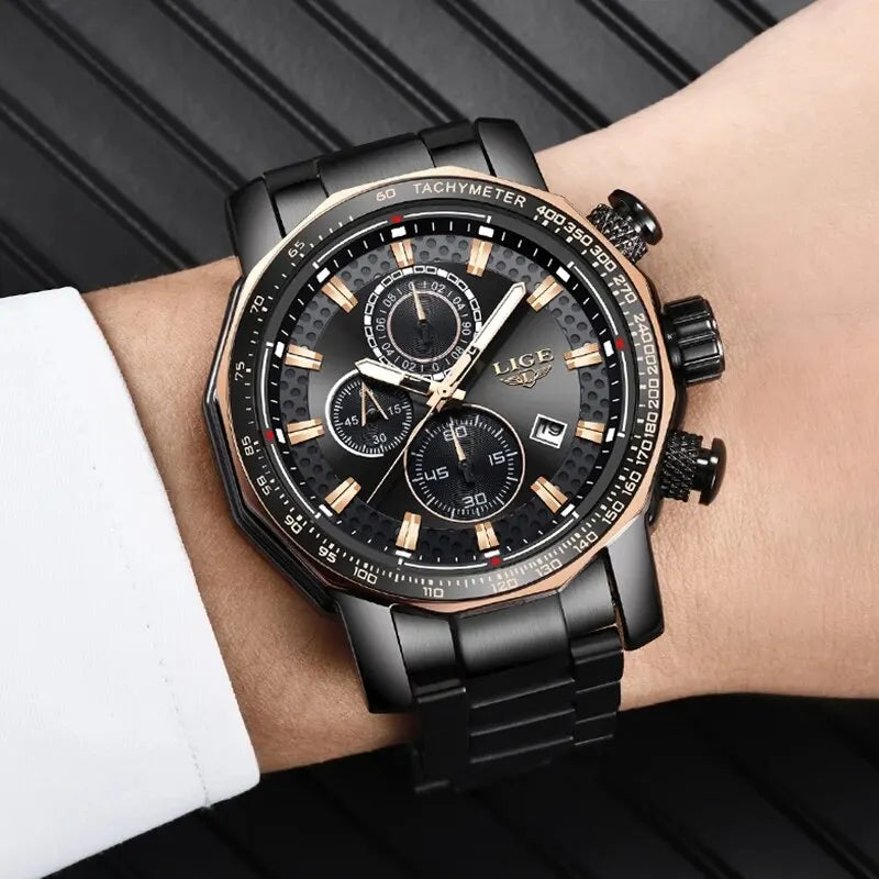 Montre Sport Homme LIGE Chronographe Or Noir - Acier Waterproof Luxury